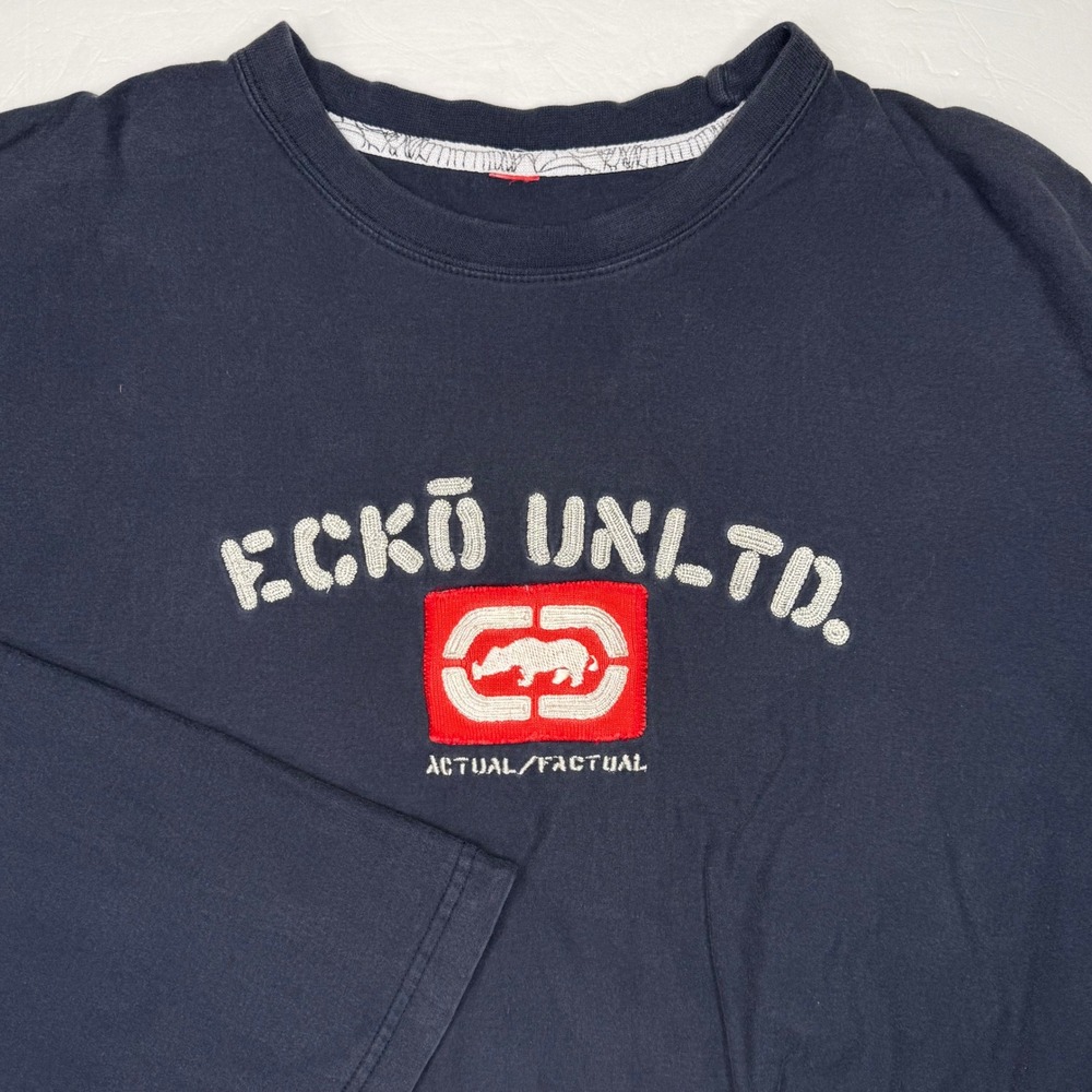 Y2K Ecko Unltd Long Sleeve T-Shirt Mens XL Navy Blue Embroidered Rhino Logo Tee